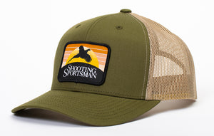 Shooting Sportsman hat with olive green bill and cap with a tan mesh back and Shooting Sportsman signature pheasant patch on the front