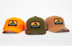 Shooting Sportsman Blazer Orange Hat, Olive Hat with tan mesh back, and Rugged Canvas Hat with Shooting Sportsman signature pheasant patch on the front