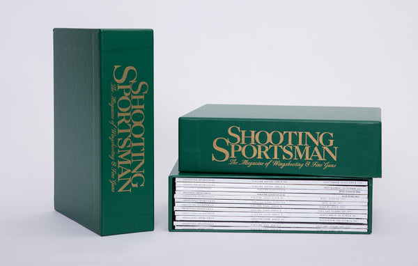 Shooting Sportsman dark green slip case with gold Shooting Sportsman logo holds 2 years of Shooting Sportsman magazines